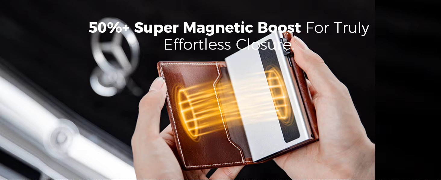 Brown full grain leather slim wallet featuring 50% super magnetic boost technology for improved closure strength and secure everyday carry.
