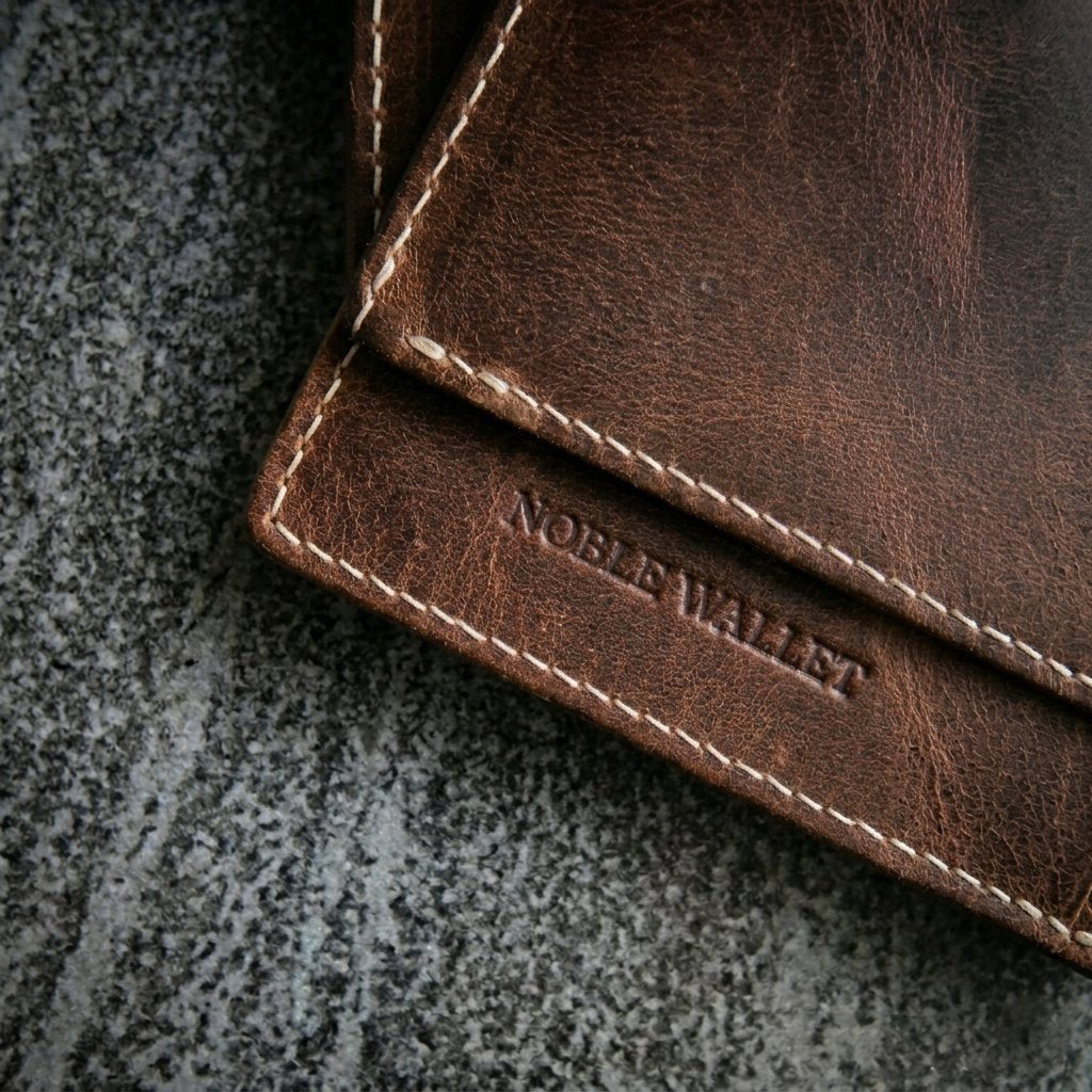 Brown full grain leather slim wallet showing natural patina and wear after 12 months of daily use, highlighting durability and aging quality.