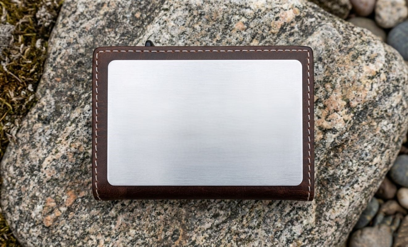 Technical dimension layout of a full grain leather slim wallet showing width, height, and thickness measurements for size reference and pocket fit.