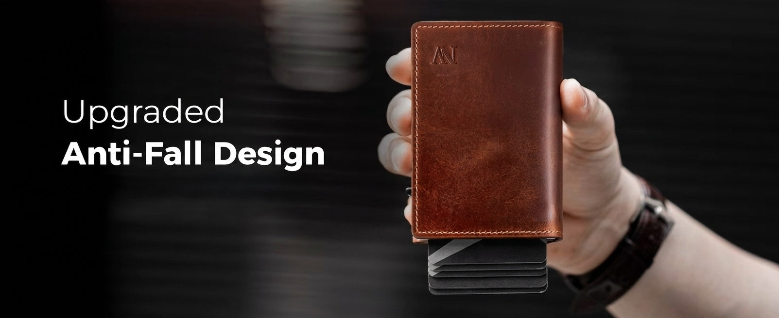 Brown full grain leather slim wallet with upgraded anti-fall design, premium minimalist construction for secure everyday carry.