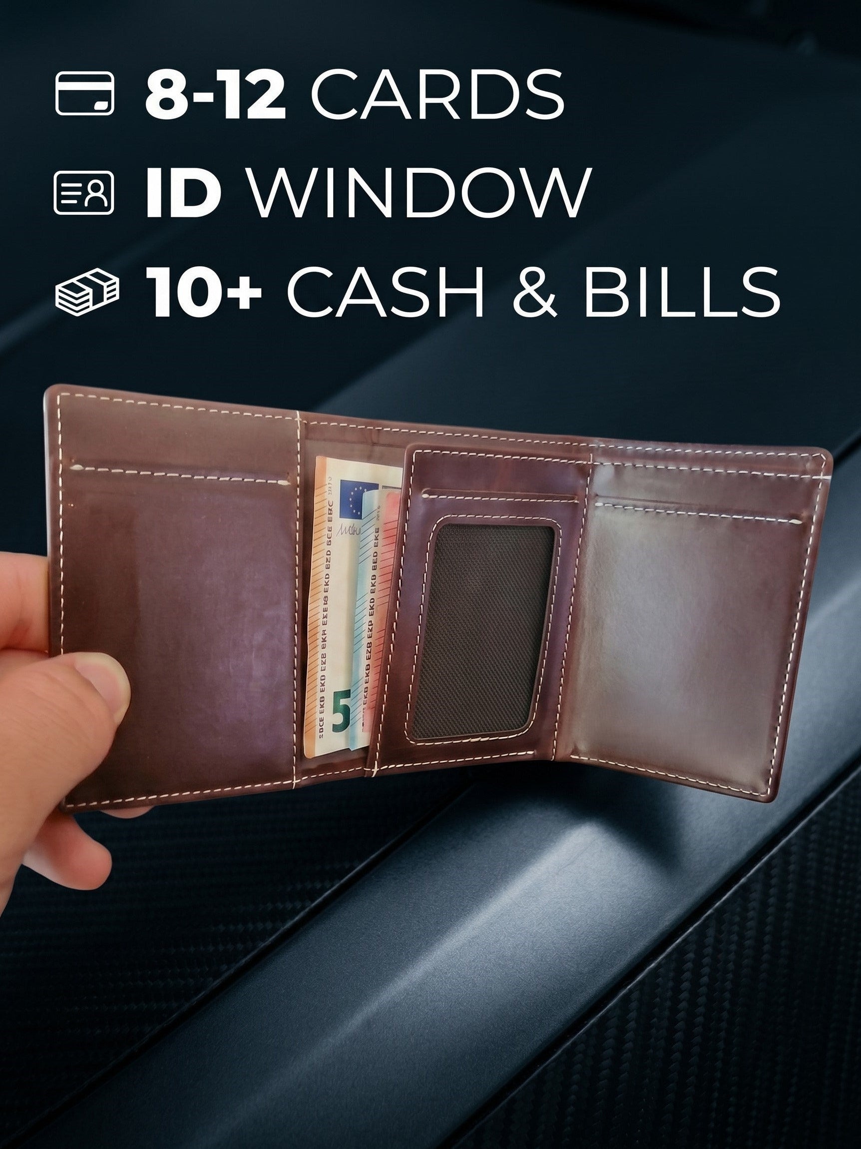 Full grain leather slim wallet with ID window, card storage, and cash capacity by Noble Wallet