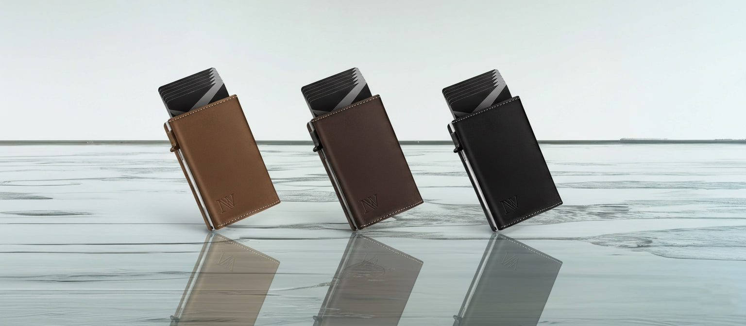 Premium full grain leather slim wallet by Noble Wallet featured in hero section