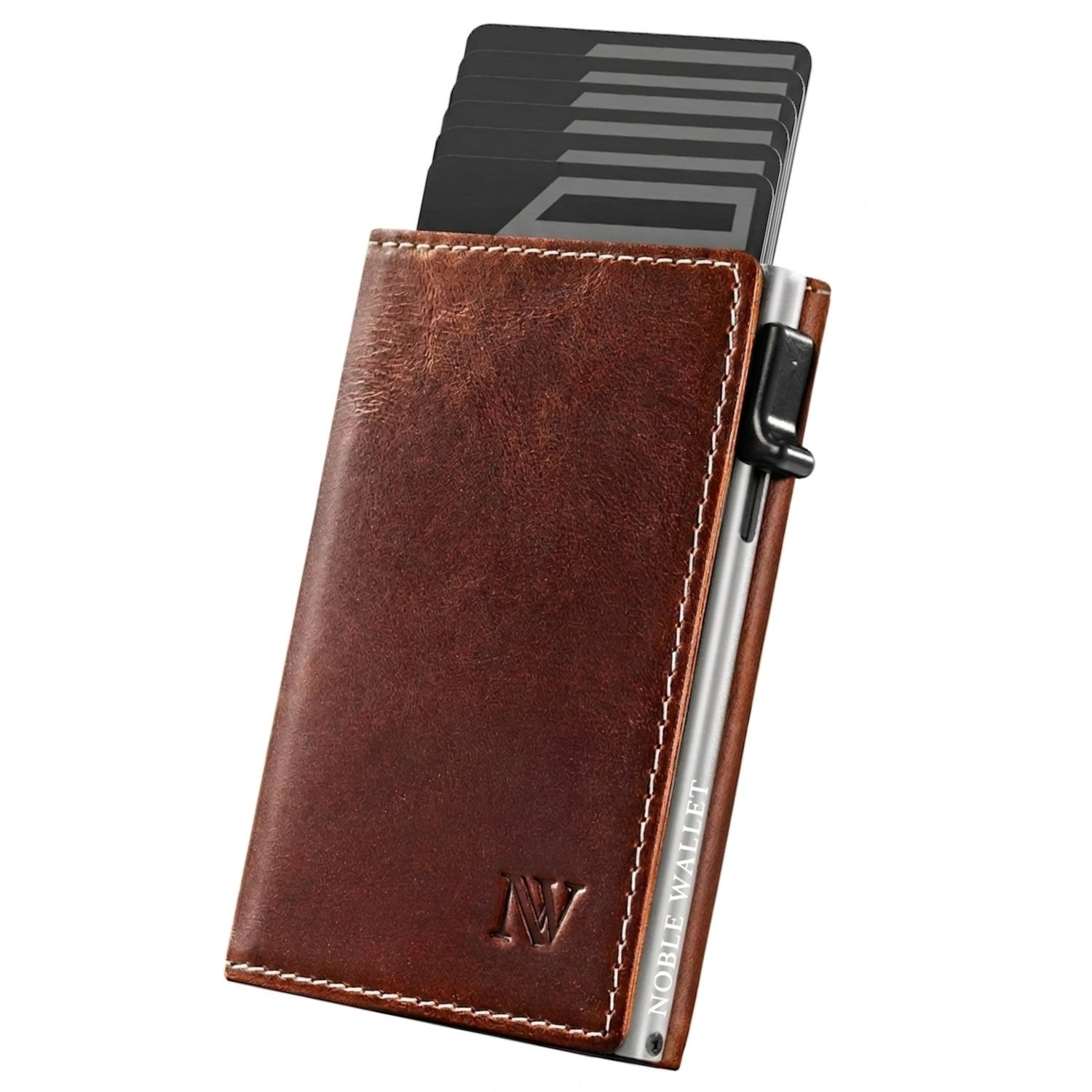 Handmade full grain leather slim wallet in saddle brown with RFID protection by Noble Wallet