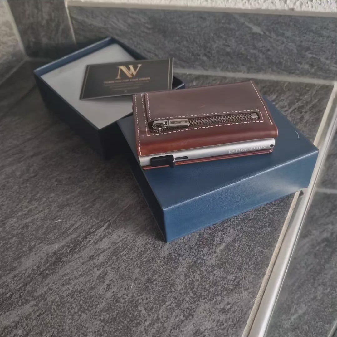 Unedited real-life video showing a full grain leather slim wallet in natural lighting, highlighting its authentic texture, color, and true appearance without filters or effects.